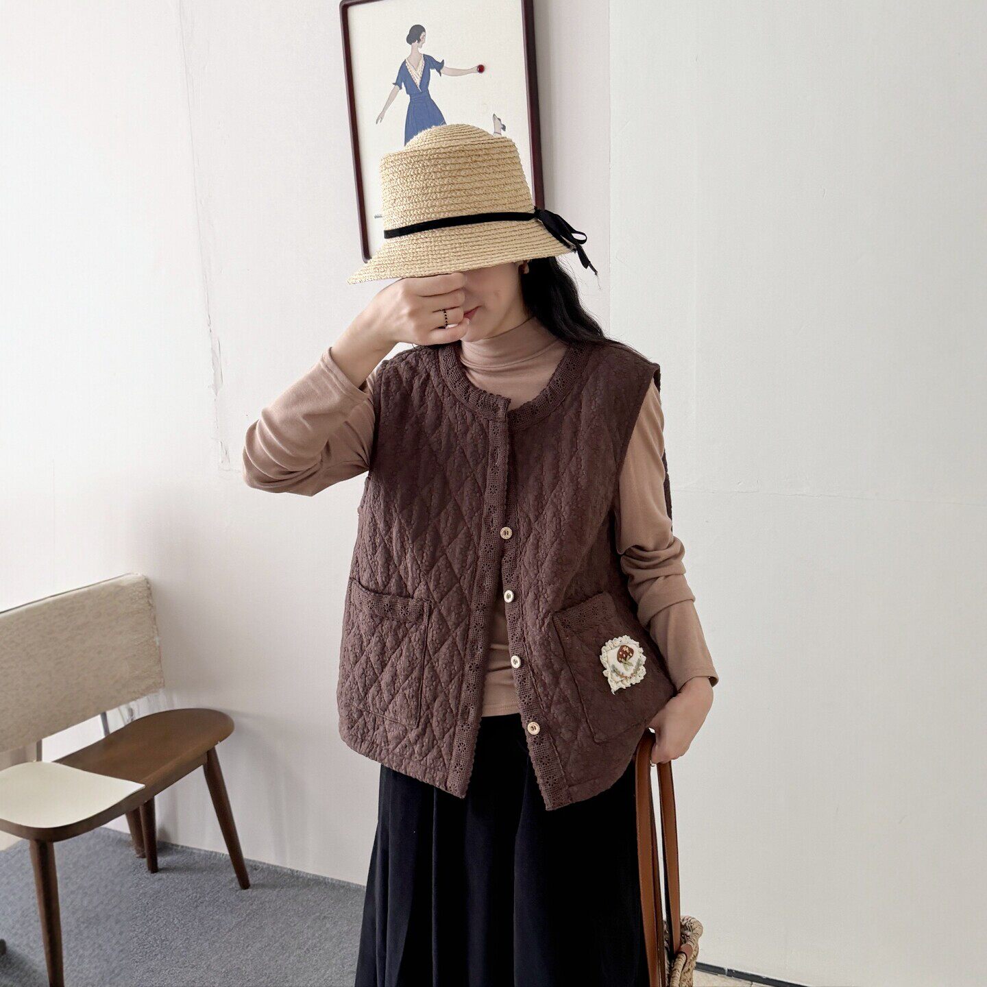 宽松小香风菱格纹圆领加棉马甲女
