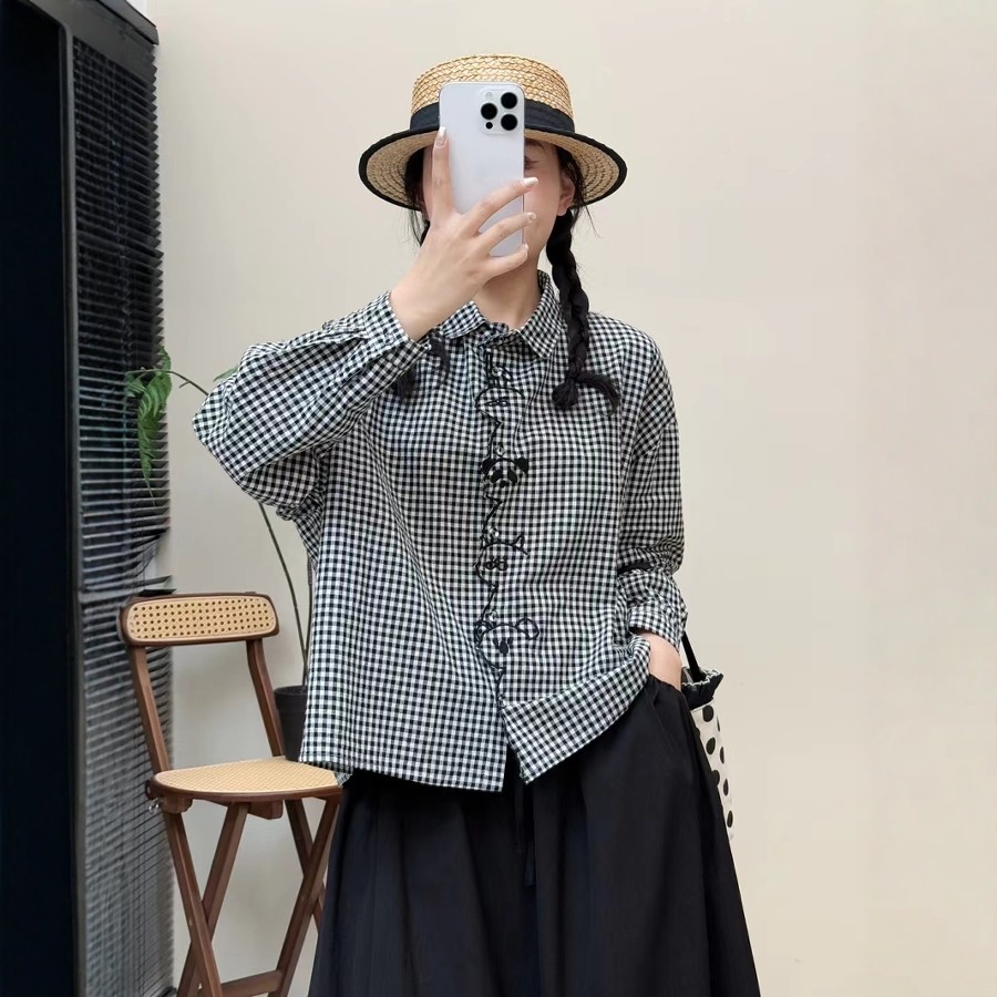 宽松减龄刺绣门襟长袖纯棉衬衫女