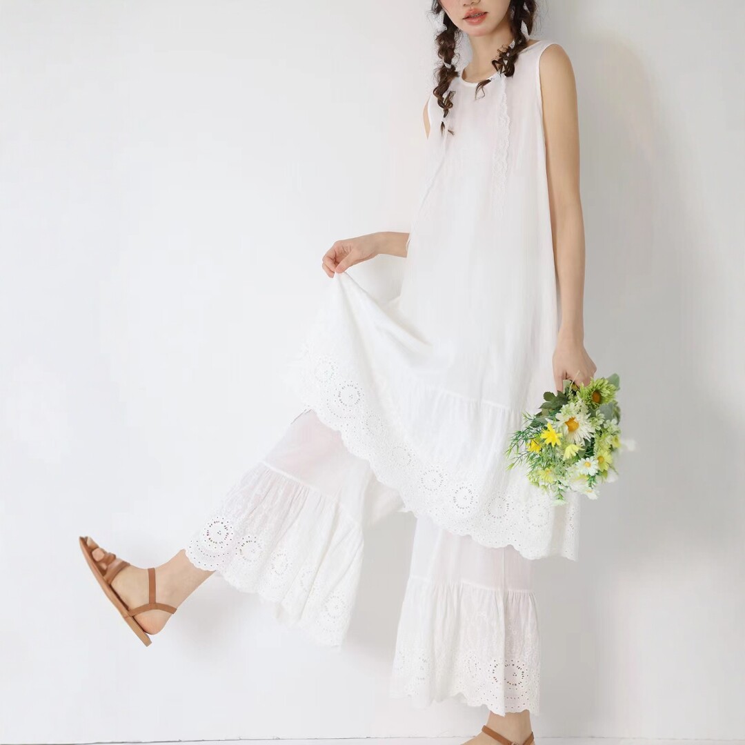甜美森女文艺刺绣花边裙摆拼接背心裙薄棉布中长款叠穿连衣裙女