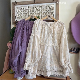 森系蕾丝圆领立体花朵刺绣镂空拼接衬衫宽松甜美百搭减龄长袖开衫