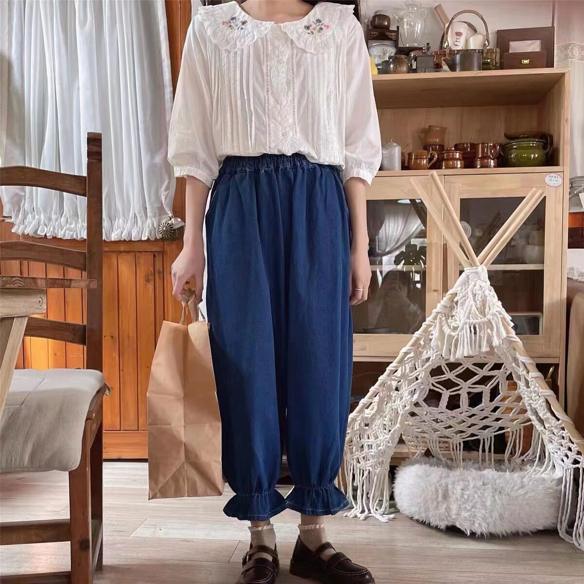 宽松阔腿牛仔裤女学院风花苞裤