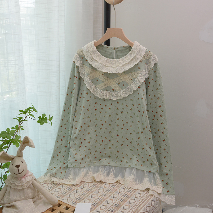 森系甜美双层蕾丝领小清新碎花长袖打底T恤衫显瘦蕾丝下摆上衣女