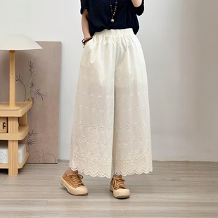 夏秋新森女系纯棉全刺绣花边阔腿裤宽松直筒9分裤子亲肤透气裤女