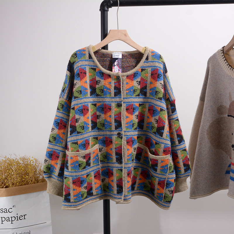 24春新韩版圆领花色大贴袋单排扣宽松休闲长袖针织毛衣开衫女娜漾