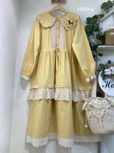 森系甜美减龄娃娃领棉质宽松版收腰长袖连衣裙蕾丝花边拼接蛋糕裙