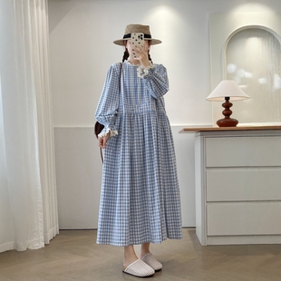 森系学院风花边拼接宽松显瘦灯笼长袖棉布格子连衣裙大码田园长裙