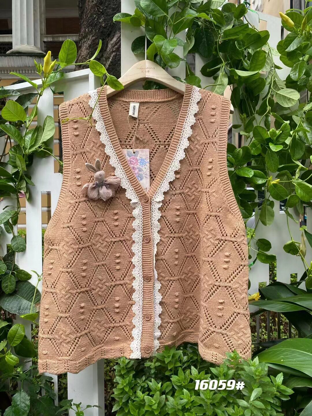 甜美森女系花边拼接镂空提花羊毛衫马夹外套背心v领毛衣马甲上衣