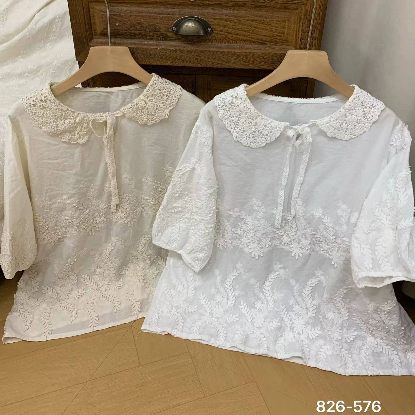宽松甜美镂空领立体花刺绣娃娃衫