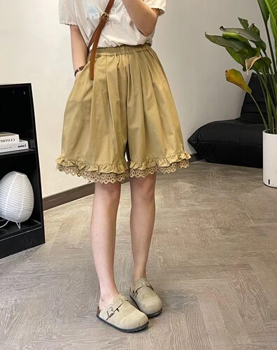 松紧腰休闲文艺5分花边