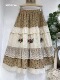 森系大地色碎花拼接棉布绣花蕾丝花边松紧腰半身裙大裙摆A字裙女