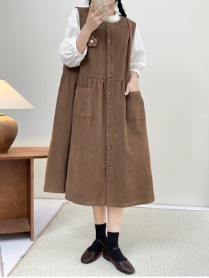 前开扣灯芯绒无袖连衣裙