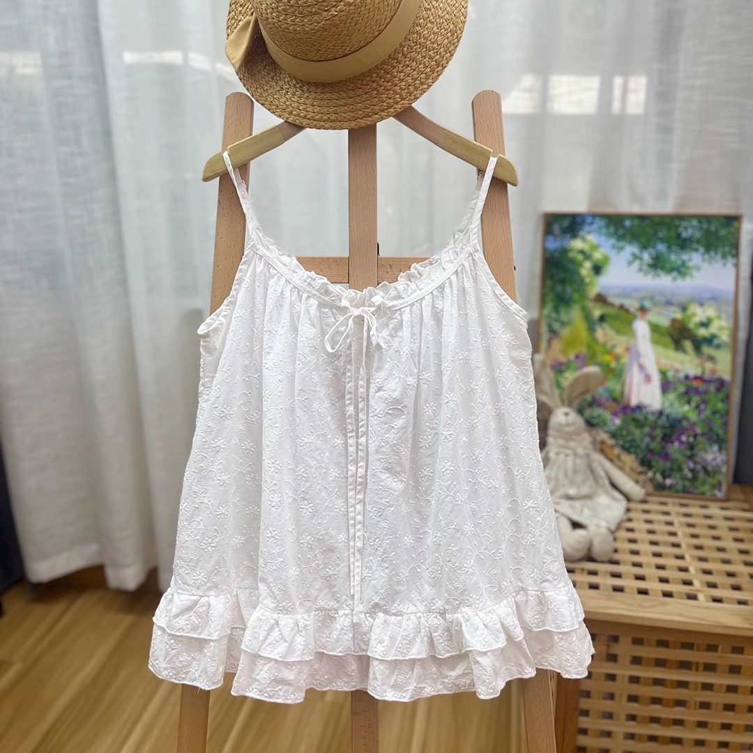 小清新木耳边系带提花刺绣吊带小背心宽松百搭叠穿打底全棉上衣女