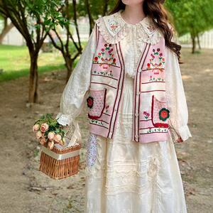 森系复古手工立体彩色花朵钩花V领无袖马甲宽松少女甜美叠穿背心