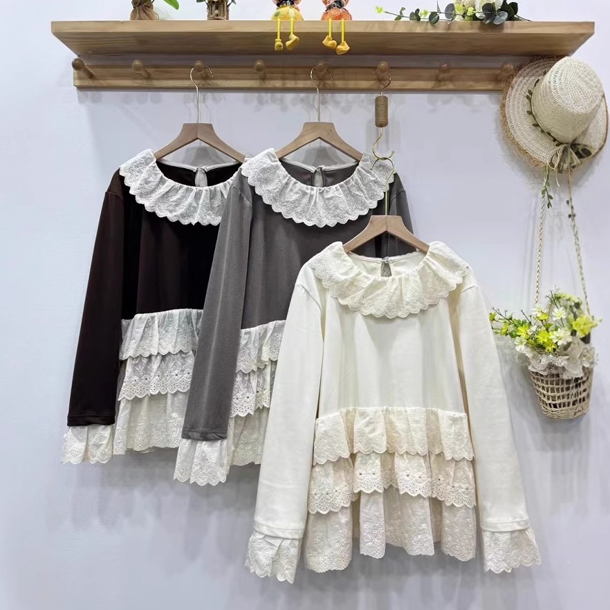 森系甜美套头长袖打底T恤衫花边