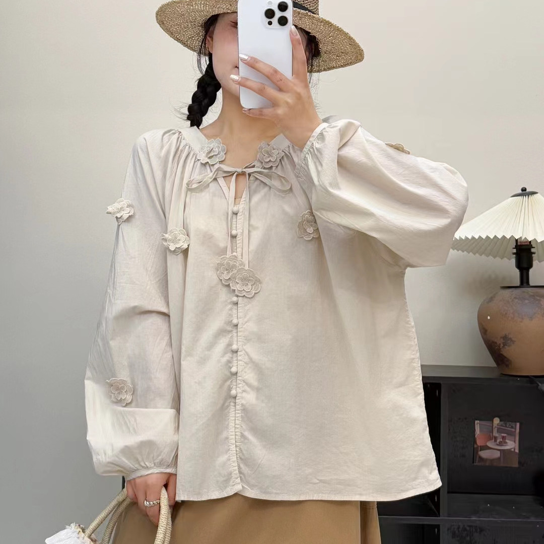 宽松甜美单排扣系带纯棉长袖衬衫