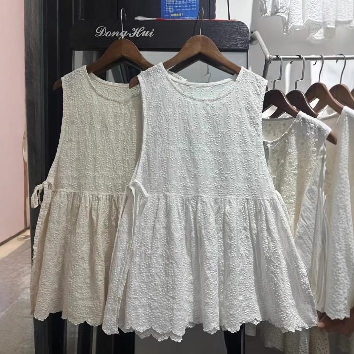 甜美森女系两侧绑带马甲纯棉刺绣外搭叠穿罩衫上衣少女学院风背心