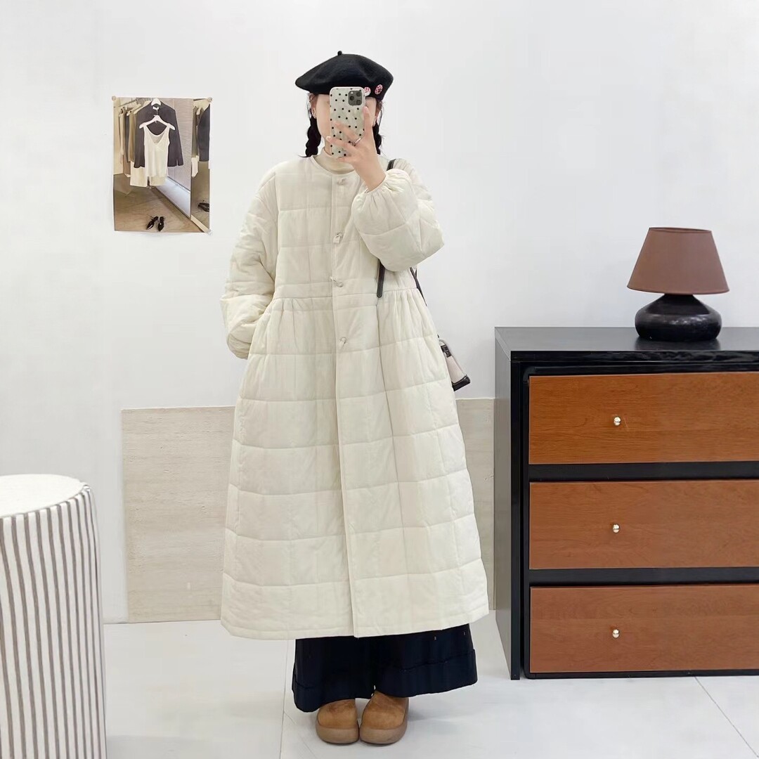 圆领方格长款过膝加棉保暖棉服女