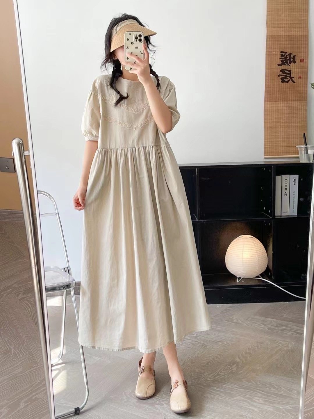 暗绣简约纯色宽松休闲短袖连衣裙