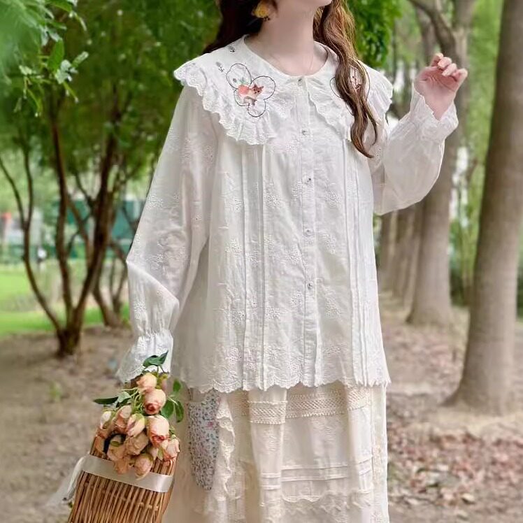 宽松甜美单排扣长袖衬衫纯棉