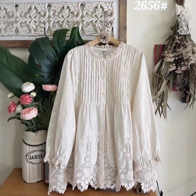 高腰森系甜美长袖棉布刺绣衬衫