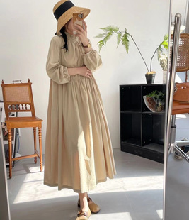 春新品 文艺花边立领纯色棉布宽松休闲连衣裙气质褶皱长裙子通勤风