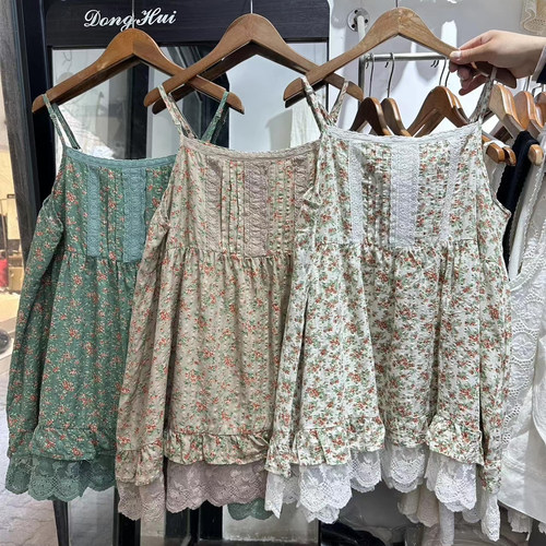 蕾丝拼接碎花纯棉减龄叠穿吊带裙