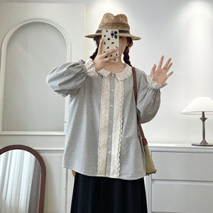 森系花边翻领棉布格子长袖衬衫