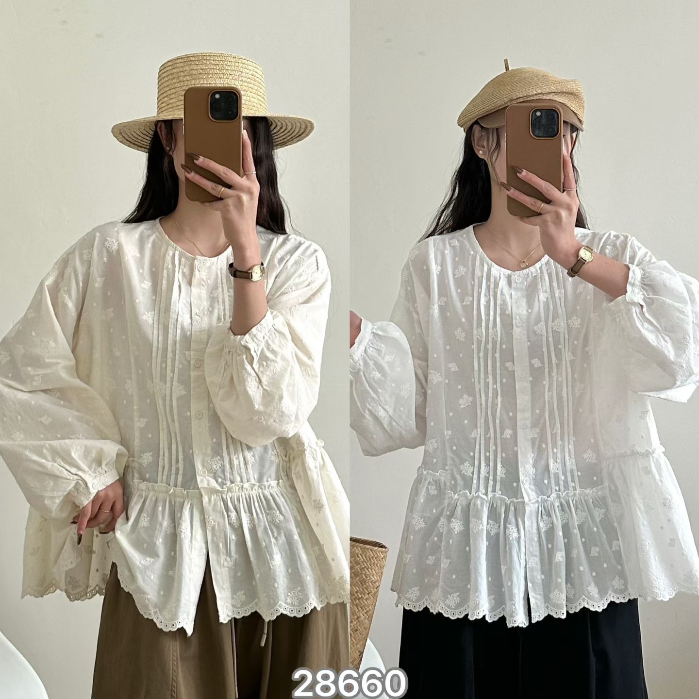宽松甜美刺绣花边下摆纯棉小衫女