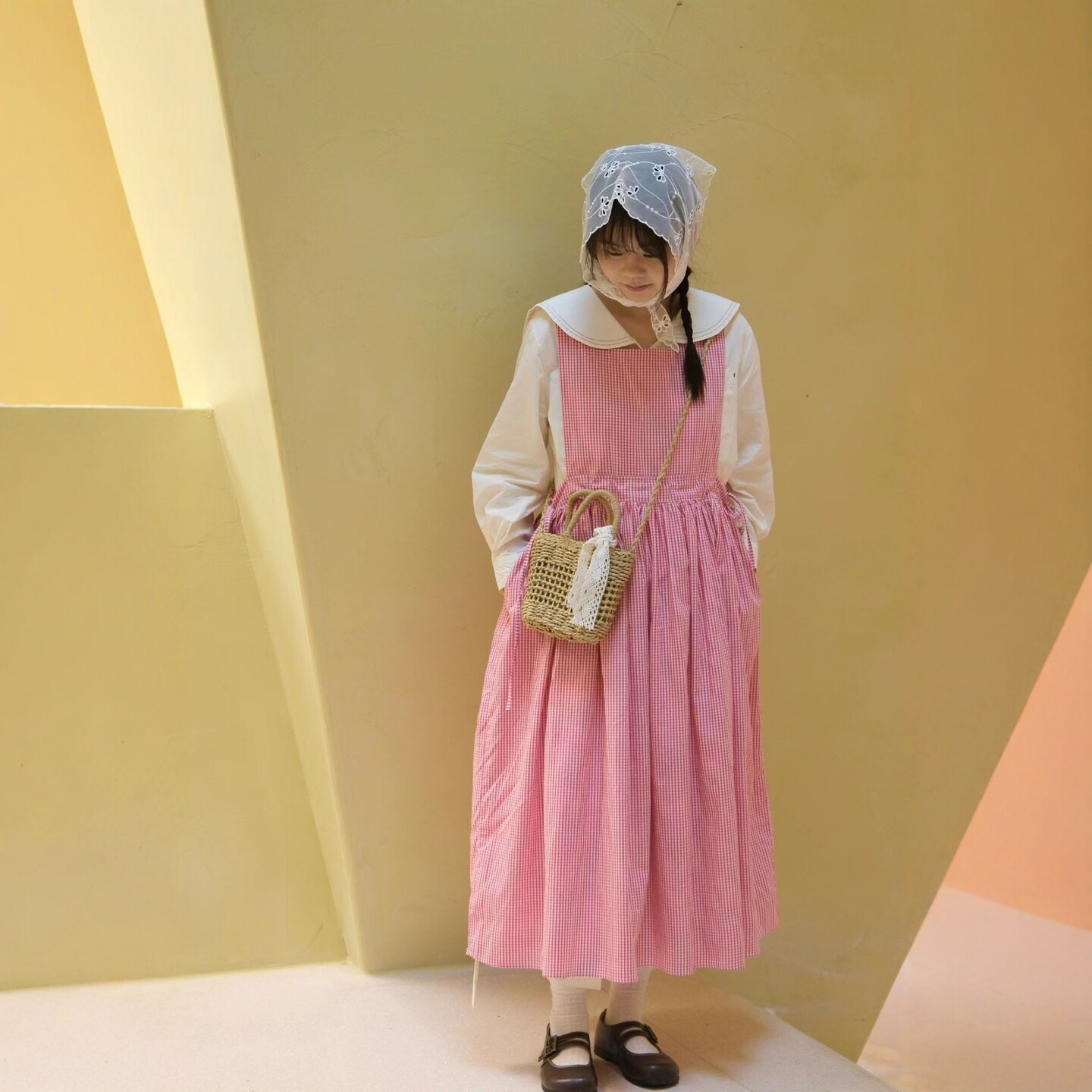 26春夏田园风格子收腰显瘦棉布马甲裙宽松中长款叠穿背心裙罩裙女