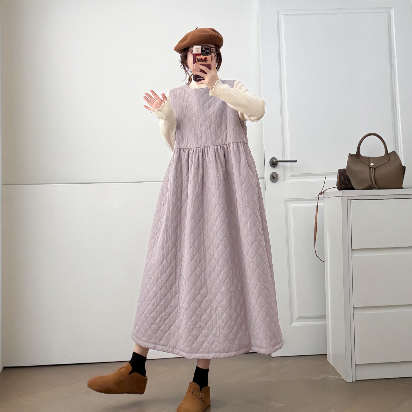 菱形格夹棉无袖连衣裙马甲裙