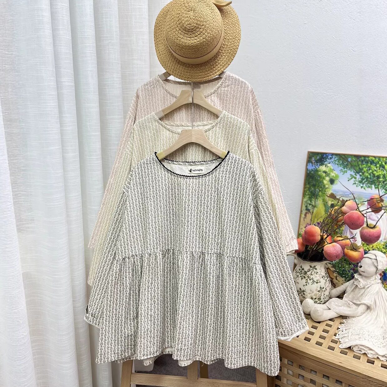 森系早春新款甜美碎花薄款长袖娃娃衫宽松减龄百搭圆领套头上衣女