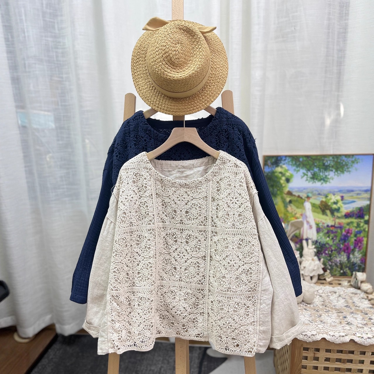 亚麻重工钩花镂空长袖衬衫