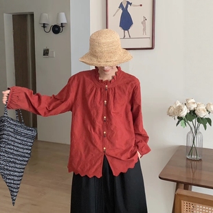 26早春新森系小清新花边领棉布刺绣长袖衬衫彩扣宽松版胖妹上衣女