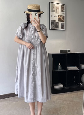 日韩森女系花边领高腰短袖连衣裙前开扣薄款棉质宽松裙子夏季新品