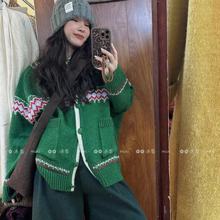 冬天新年圣诞节日气氛撞色毛衣开衫复古提花宽松慵懒风针织外套女
