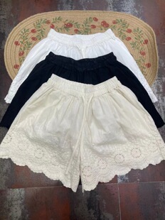 甜美学院风系带休闲显瘦热裤 23夏新品 日系森女重工刺绣纯棉布短裤