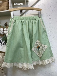 森女系23夏新品松紧腰亚麻宽松休闲短裤蕾丝贴布花边拼接阔腿裤