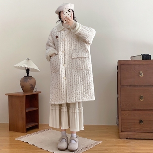 森系冬新款翻领加羊羔毛碎花加厚棉衣宽松百搭小清新中长款棉外套