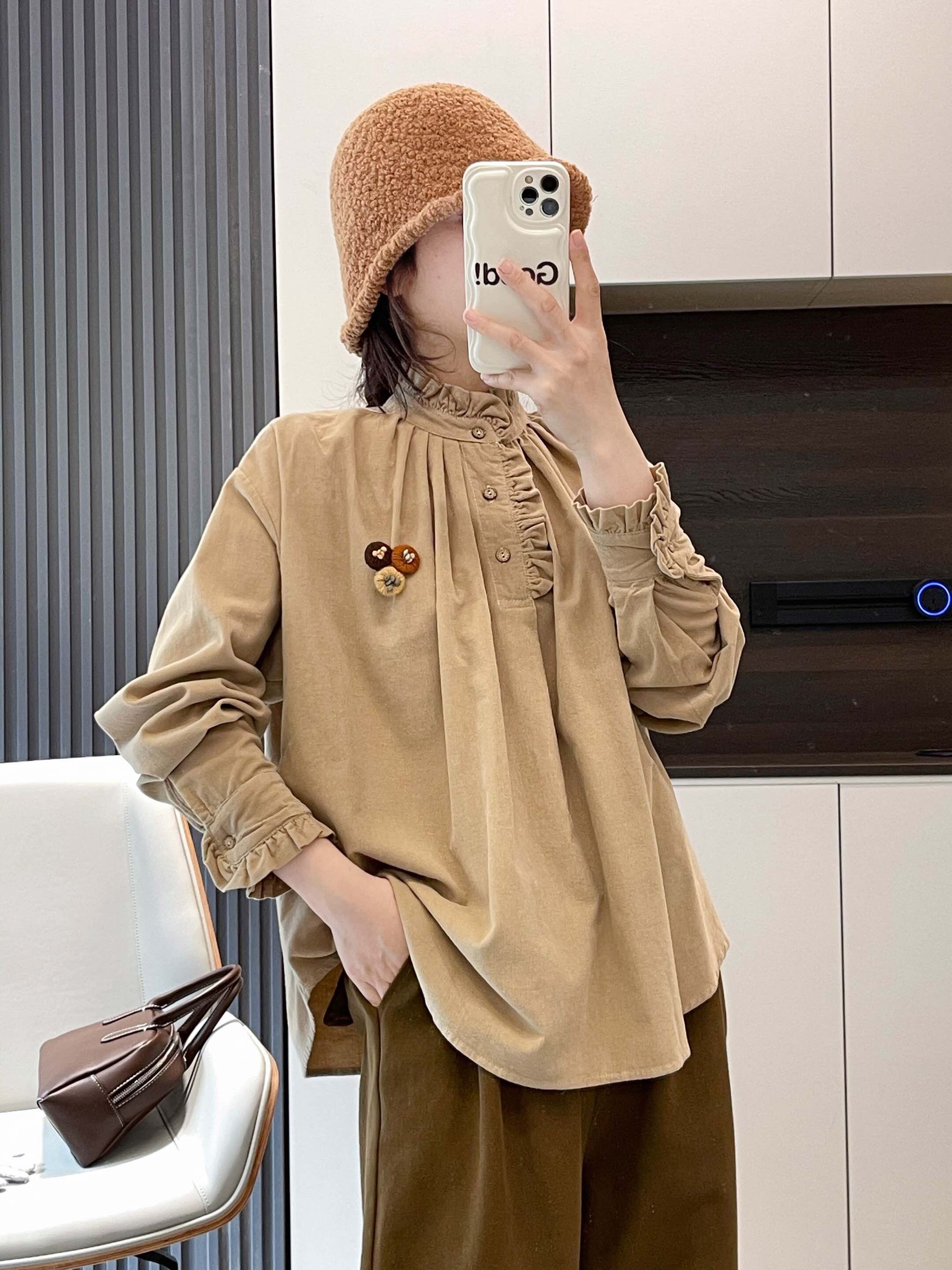 秋冬甜美木耳边立领三粒扣棉质灯芯绒长袖衬衫宽松版法式小衫女,女装/女士精品,衬衫,淘宝优惠券,粉丝福利购,淘宝优惠卷