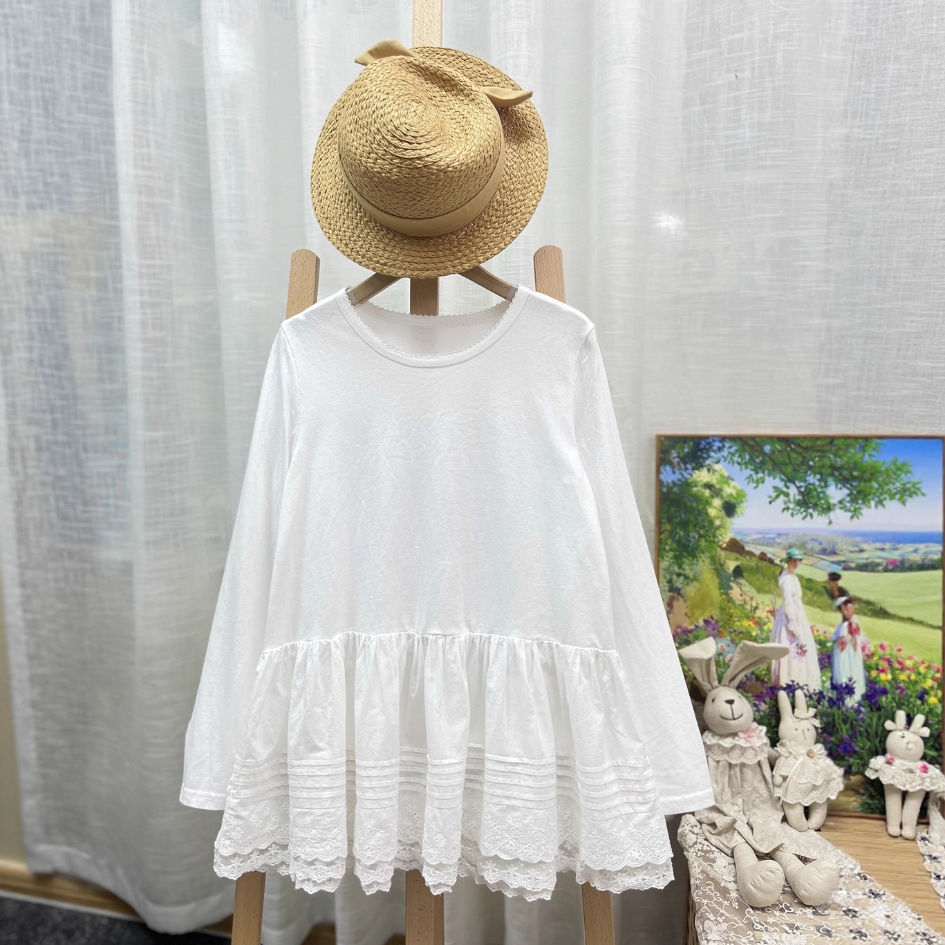 25秋新品森系小清新风琴褶蕾丝花边下摆长袖T恤棉质娃娃衫上衣女