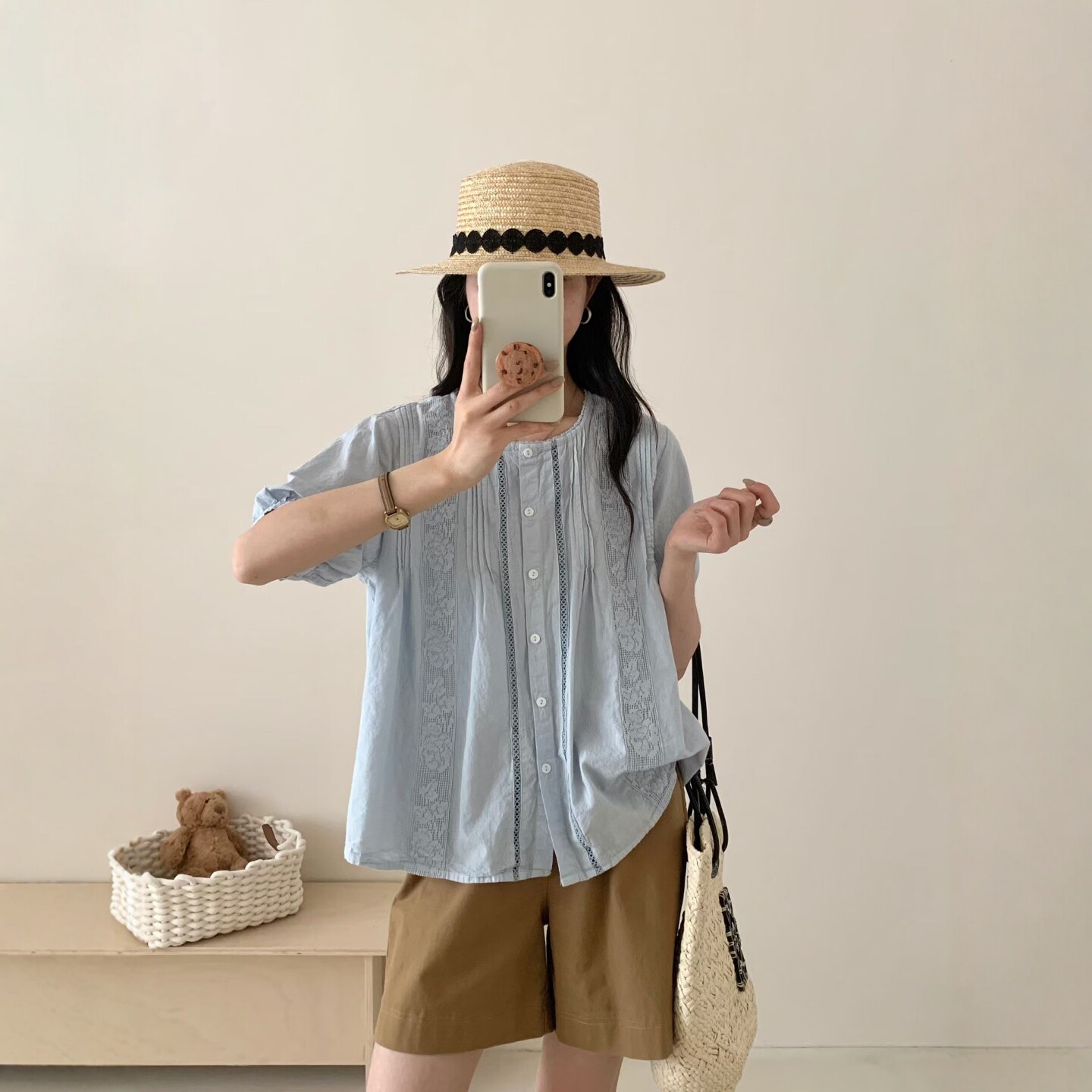 26夏森系小清新蕾丝边拼接圆领单排扣棉布短袖衬衫宽松版上衣小衫
