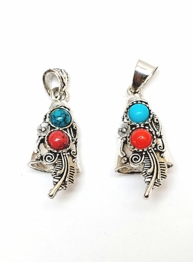 包黑狗牙套吊坠 合金藏银滴油镶嵌松石防裂套挂件手工diy配饰