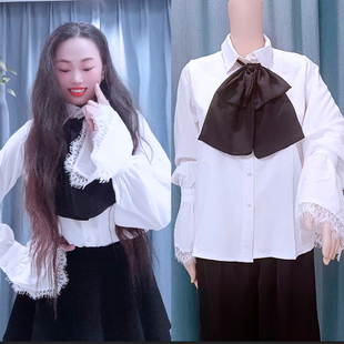 IU李智恩明星同款衬衫女系带蝴蝶结喇叭长袖雪纺衫衬衣上衣打底衫