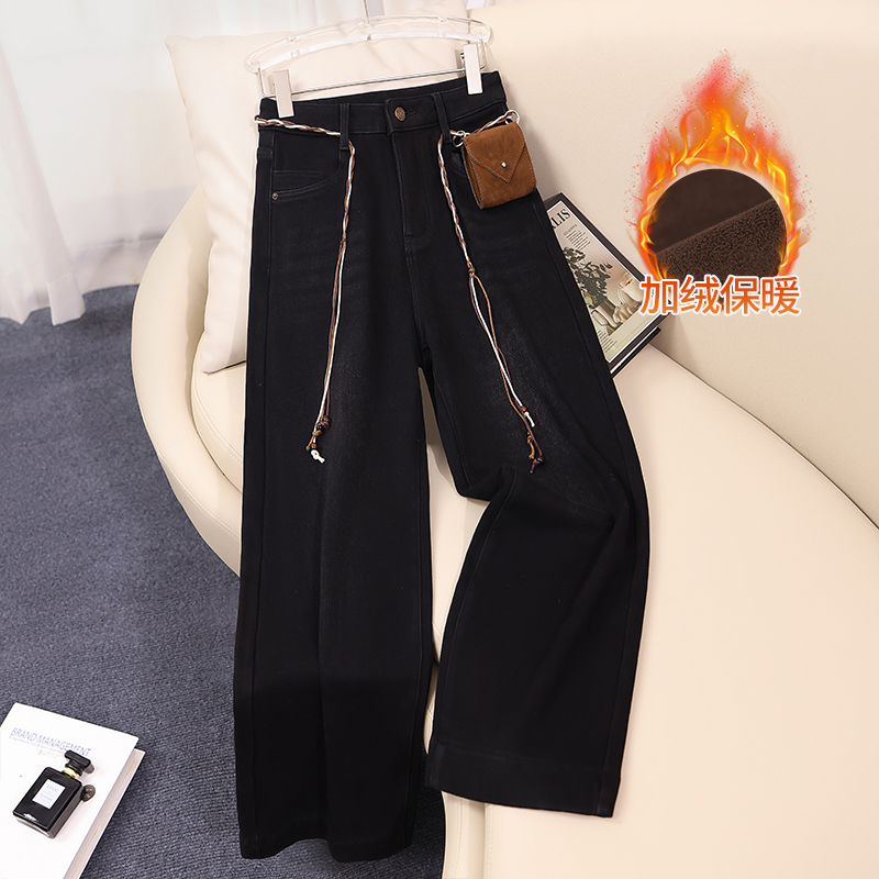 黑色高腰微喇牛仔裤女加绒加厚