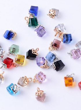头绳diy材料配饰韩版方块水晶吊坠项链手链配件合金香槟紫色手工