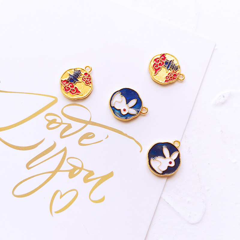 双面图案月宫玉兔diy手链配件手工吊坠挂件小饰品材料烧蓝配件