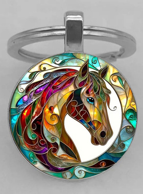 跨境新款 彩色生动的马图案钥匙扣玻璃吊坠汽车包包小挂件小礼物