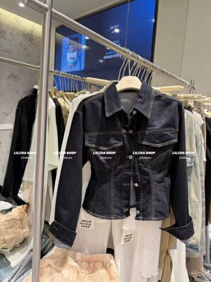 韩国东大门韩版时尚百搭显瘦气质收腰深蓝色短款牛仔衬衫外套