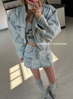 韩国东大门2026复古工装牛仔短裙套装宽松短外套配半身裙两件套