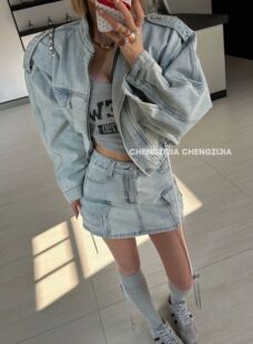 韩国东大门2026复古工装牛仔短裙套装宽松短外套配半身裙两件套